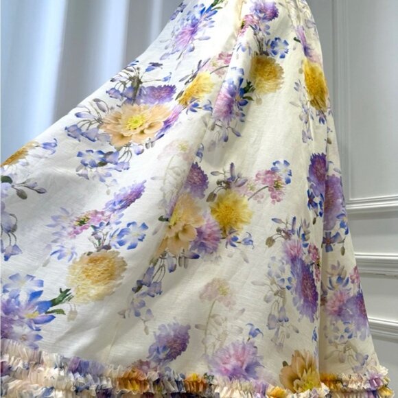 Zimmermann Luna Ruffle Midi Dress Cream Dahlia Floral Bustier A-Line Dress - Picture 6 of 9